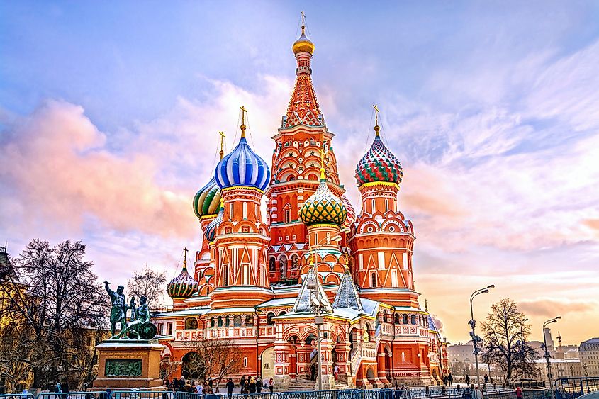 Saint Basil's Cathedral on Red Square in Moscow, with its distinctive colorful onion domes.