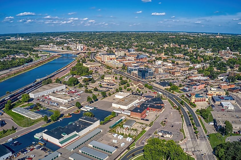Aerial View of the Downtown Business District of Mankato, Minnesota.