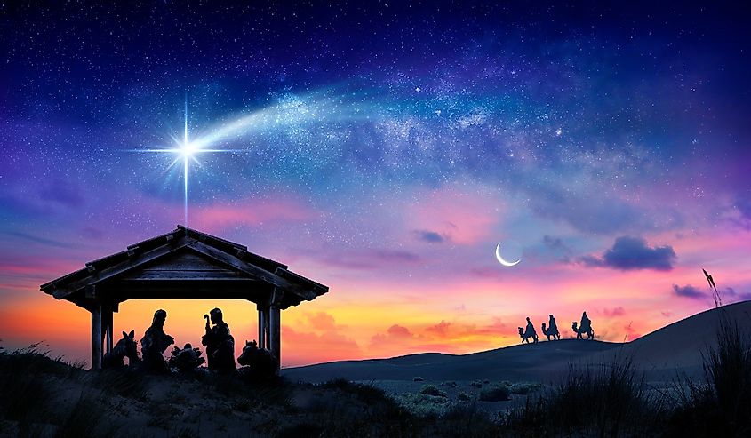 Nativity Of Jesus - Scene With The Holy Family With Comet At Sunrise
