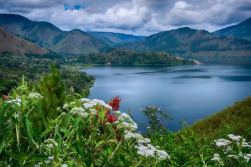 Aerial view of Lake Toba and its blue water in North Sumatra, Indonesia.