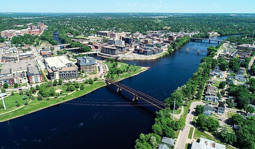 Chippewa River approaching the confluence in downtown Eau Claire, Wisconsin.