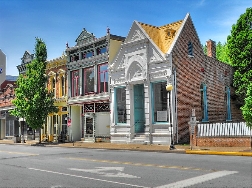Facades in the downtown historic district of New Harmony, Indiana