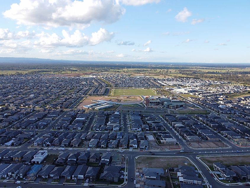 An aerial view of the estate of Elara in Marsden Park NSW, Sydney, Australia.