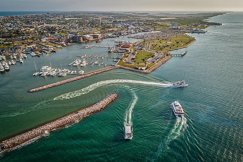 Aerial view of Port Aransas, Texas Marina with town and ocean.