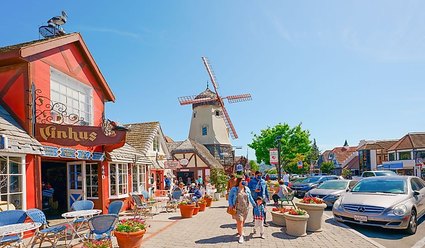 Main street, street view, and tourists in Solvang.