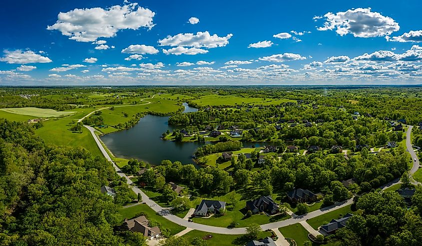 Aerial view of a residential neighborhood by a lake near Georgetown, Kentucky
