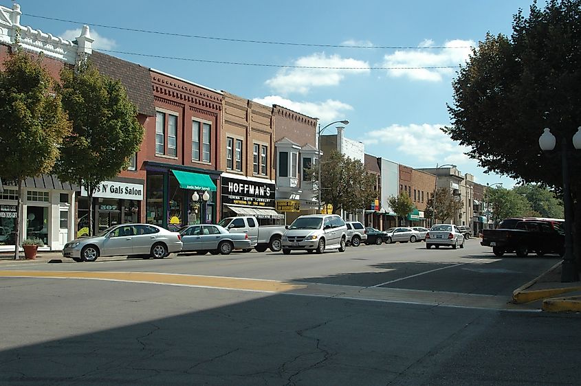 Cars parked along the main street in Princeton, Illinois.