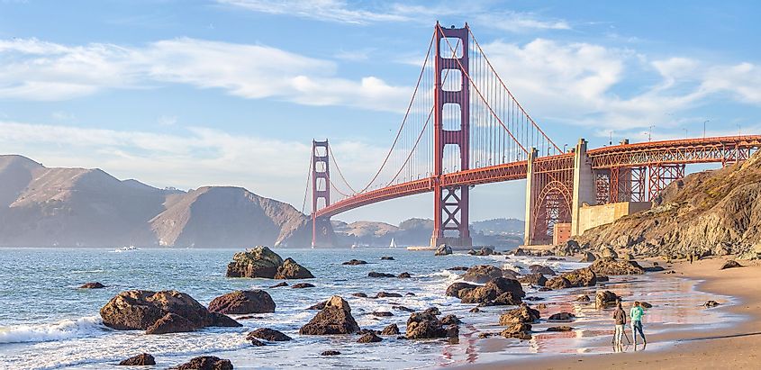 Classic panoramic view of famous Golden Gate Bridge seen from scenic Baker Beach