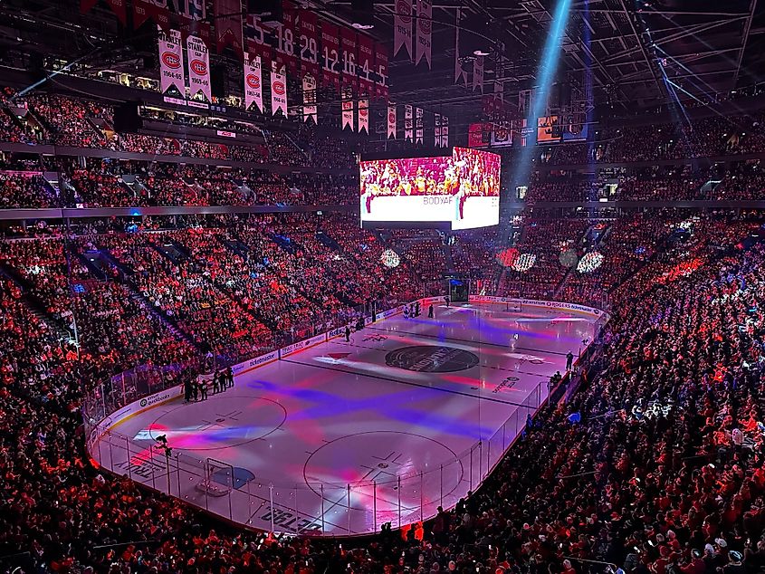 Fans gather at the Bell Centre during the 4 Nations Face-Off hockey game between Team Canada and Team USA