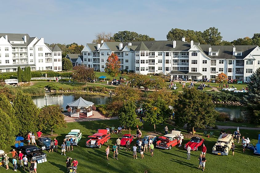 Overview of the Gather on the Green vintage car show on the grounds of The Osthoff Resort in Elkhart Lake, Wisconsin