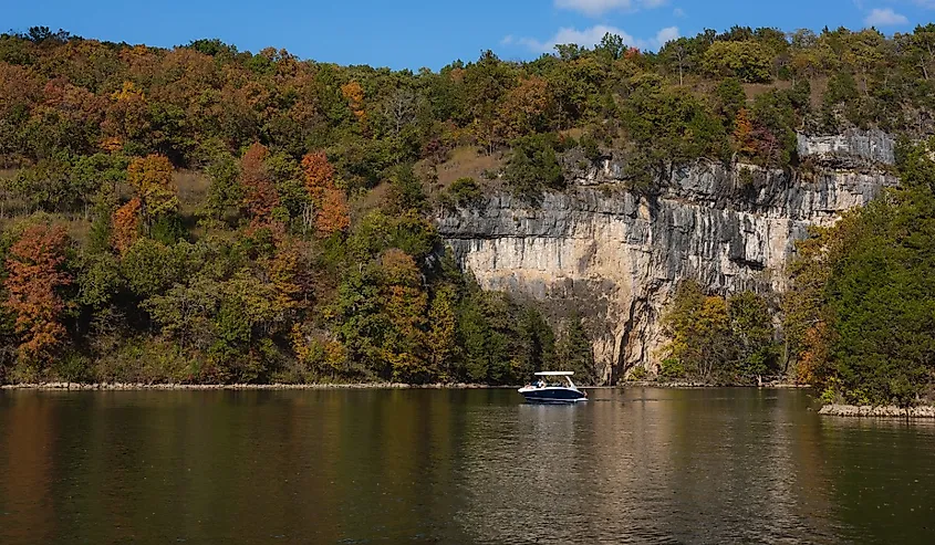 Camdenton, Missouri. A boat on the Lake of the Ozarks at Ha Ha Tonka State Park.