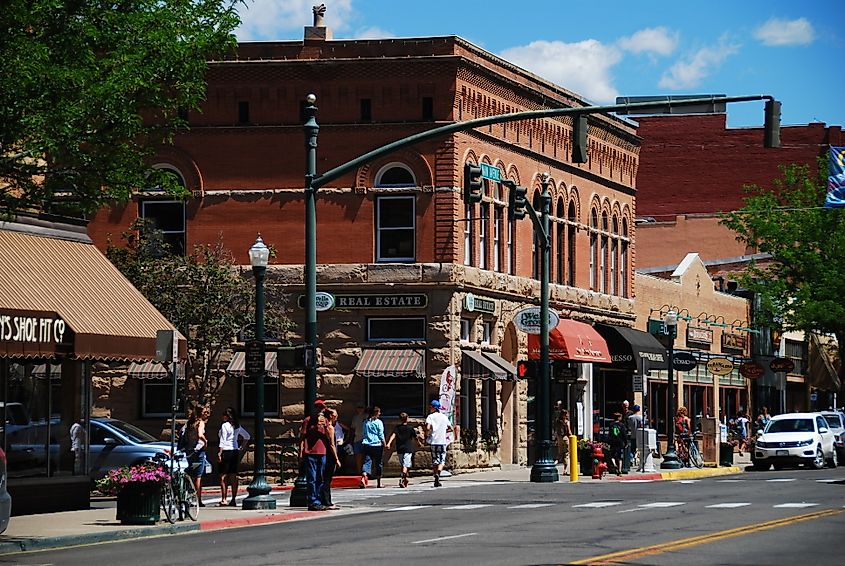 A view of Main Avenue in Durango, featuring the oldest bank building in Colorado. 