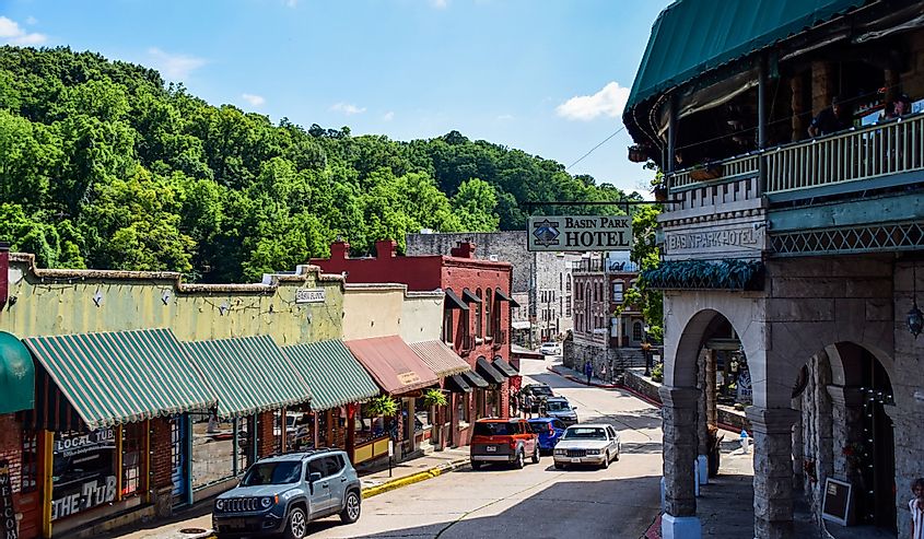 Historic downtown Eureka Springs, AR, with boutique shops and famous buildings.