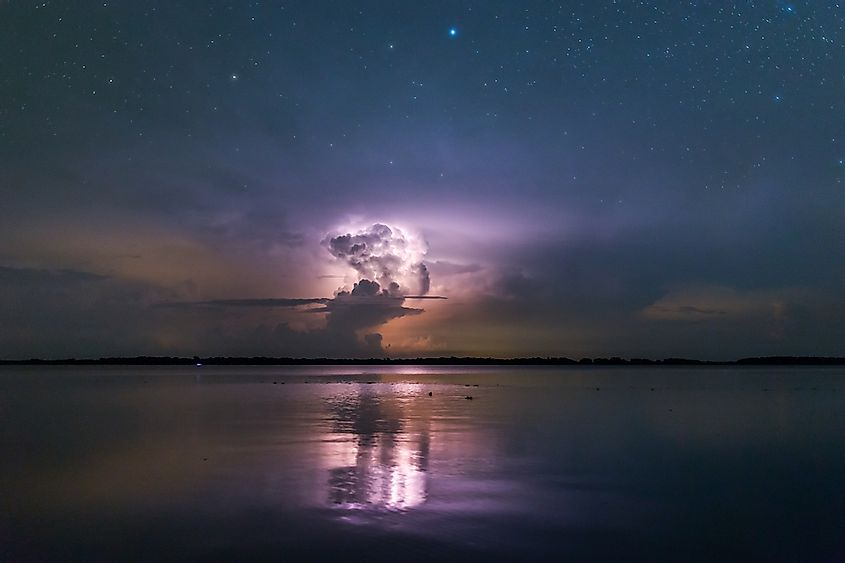 Distant thunderstorm under a starry sky, in the Catatumbo area, world's most active place in terms of lightnings. Zulia, Venezuela