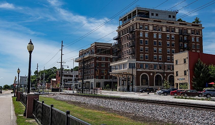 A view of the former Hotel Muscatine and the newly buillt Merrill Hotel and Conference Center as viewed from Harbor Drive in Riverside Park.