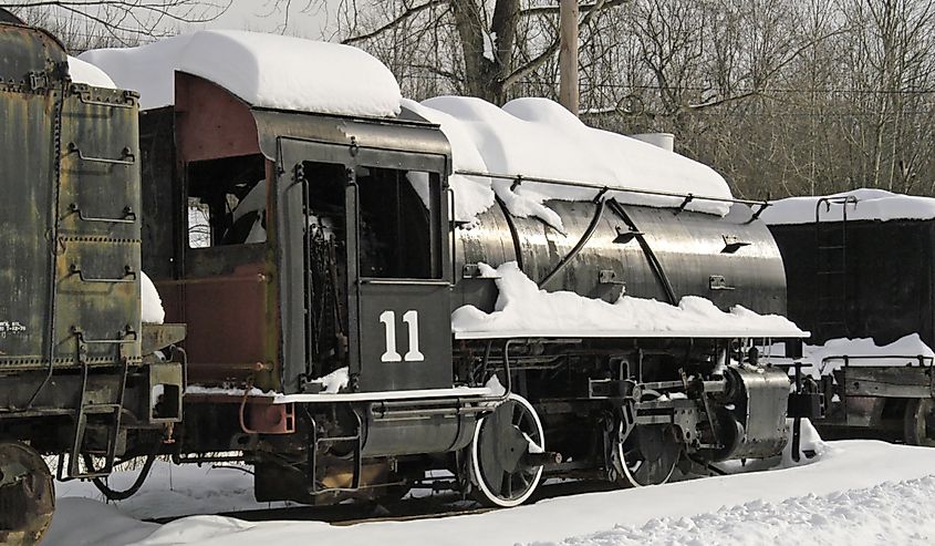 A steam engine taken at a railroad museum in French Lick, Indiana after a two foot snow fall