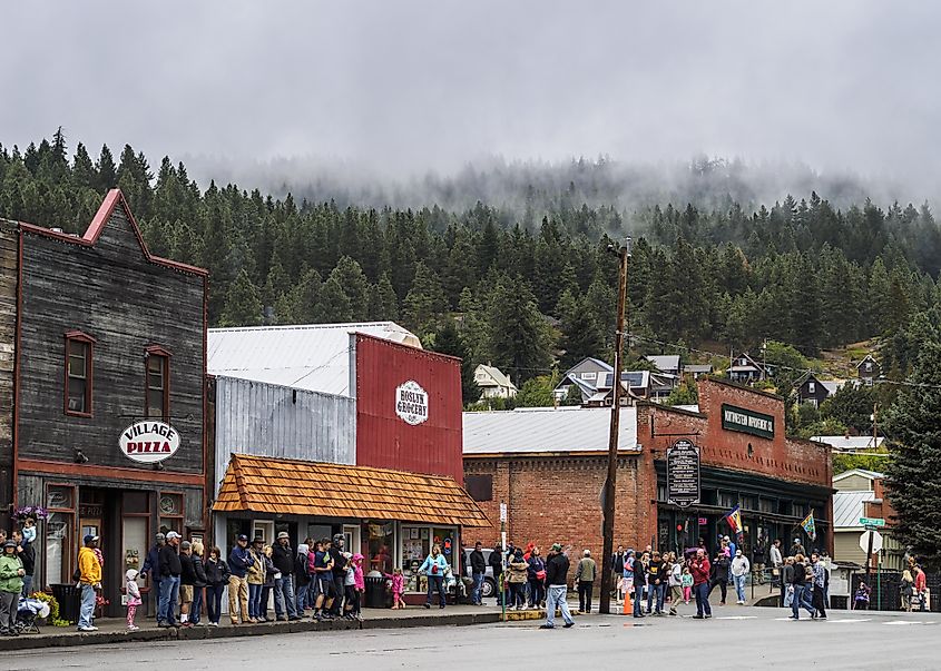 Labor Day weekend parade attendees wait on the historic old town street in Roslyn, Washington.