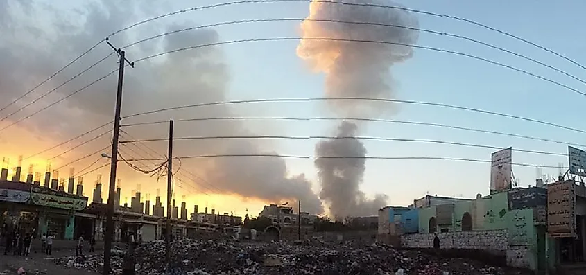 Parts of Sana'a, the largest, and one of the oldest, cities of Yemen, largely diminished to rubble and up in smoke.