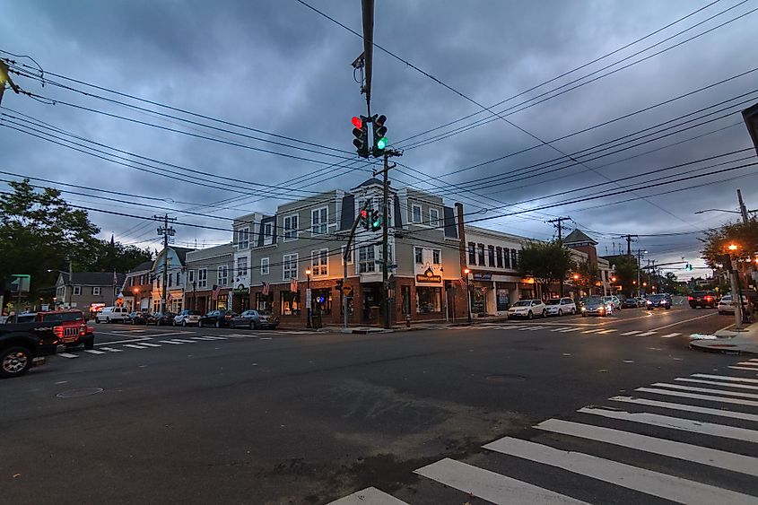 View of shops in Oyster Bay during the evening. 