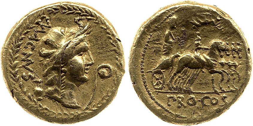 Aureus minted by Pompey for his second triumph in 71 BC, featuring the head of Africa on the obverse (celebrating his victory against Hiarbas). The reverse shows Pompey in his triumphal chariot,