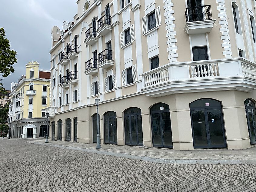 A set of empty Riviera-style hotels in Ha Long, Vietnam.