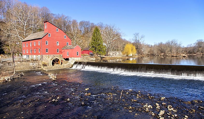 Historic Red Mill by the river in Clinton Township, New Jersey