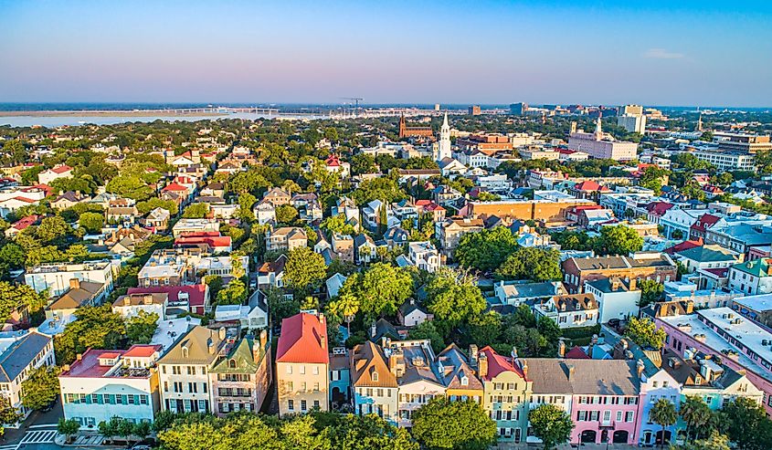 Aerial view of Rainbow Row in Downtown Charleston, South Carolina