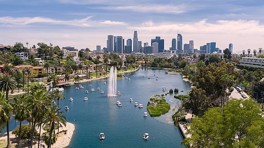 Aerial view of Echo Park with downtown Los Angeles skyline