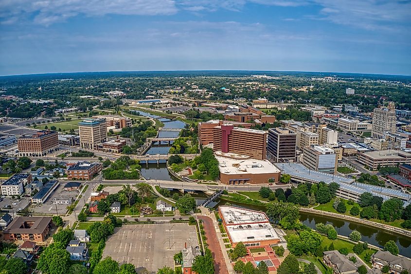 Aerial View of Downtown Flint, Michigan in Summer