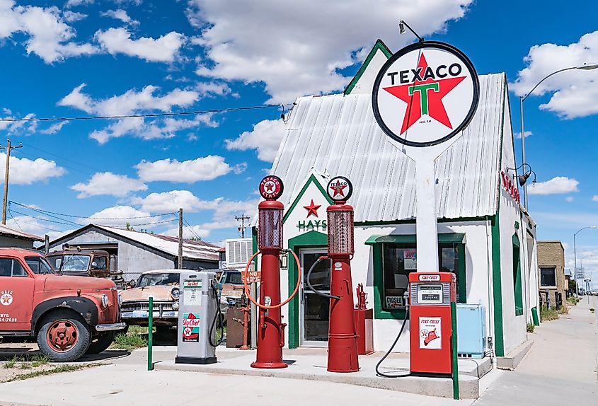 Old Texaco gas station along the highway in Rawlins, Wyoming.