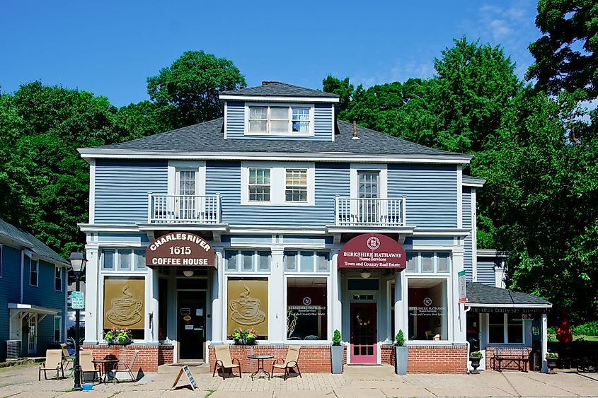 A small business hub in the south Natick Historical District in Natick, Massachusetts. 