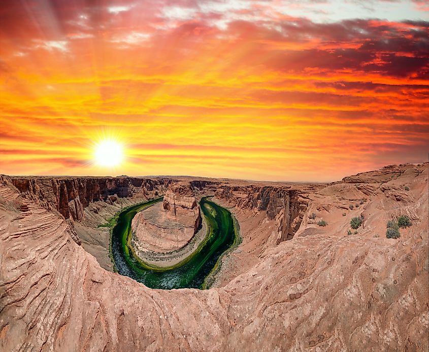 Panoramic aerial view of Horseshoe Bend and Colorado River.