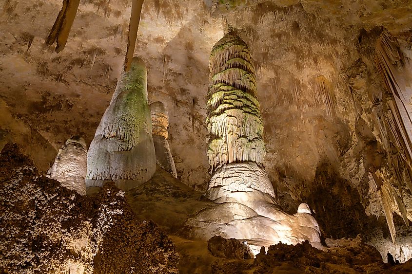 Interior view of Carlsbad Caverns, featuring vast limestone chambers and intricate natural rock formations.