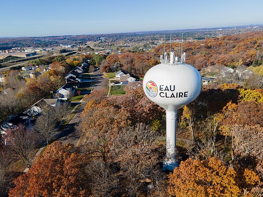 Aerial view of Eau Claire, Wisconsin, water tower. 