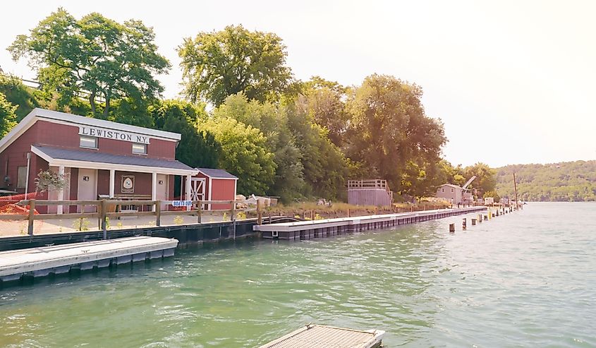 Lewiston, New York as seen from the dock on the Niagara River, with Queenston, Ontario, Canada in the background.