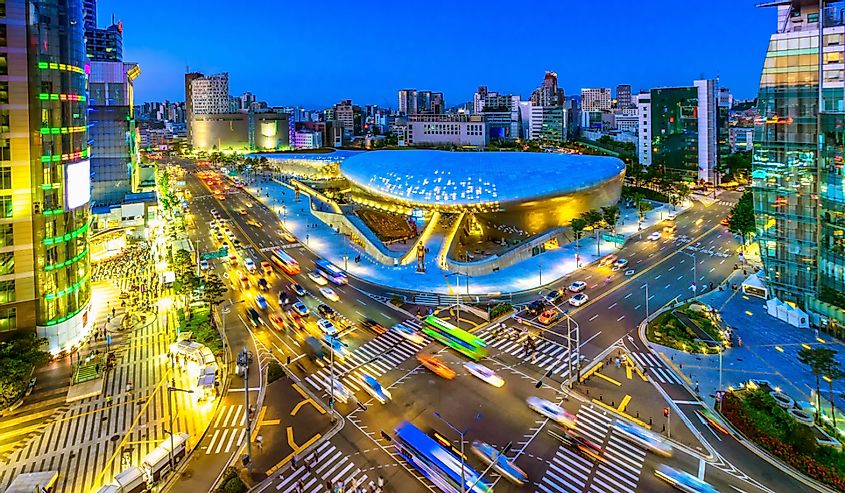 Aerial shot of the Dongdaemun Design Plaza (DDP) at night, Seoul, South Korea.