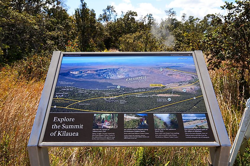Information board displaying a map of the Kilauea volcano in Pahoa, Hawaii