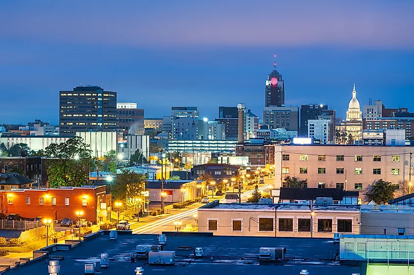 Lansing, Michigan, downtown skyline at twilight