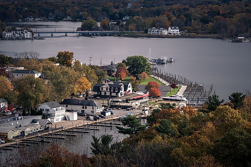 Waterfront and boats at Saugatuck, Michigan, where the Kalamazoo River meets Lake Michigan.