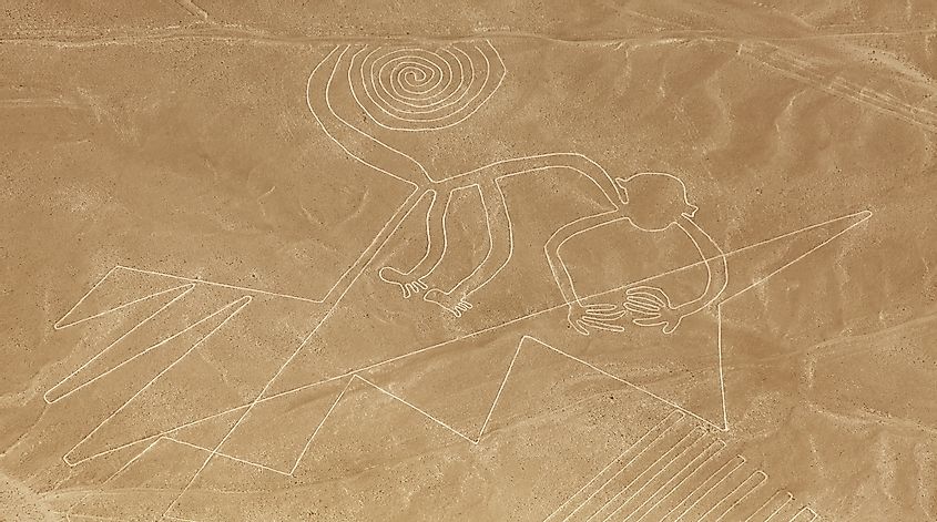Monkey geoglyph, Nazca or Nasca mysterious lines and geoglyphs aerial view, landmark in Peru
