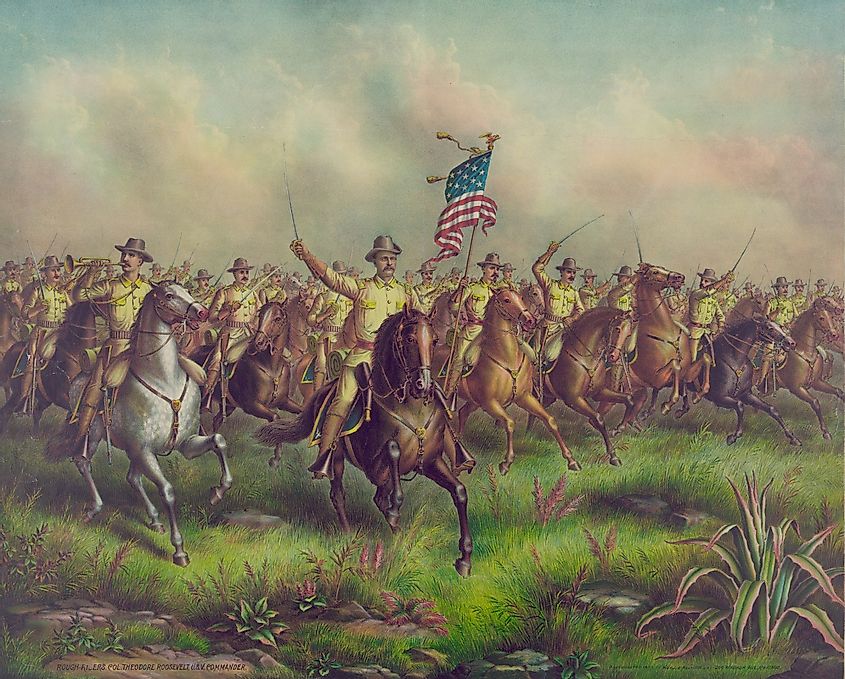 Teddy Roosevelt leading a charge against the Spanish in Cuba