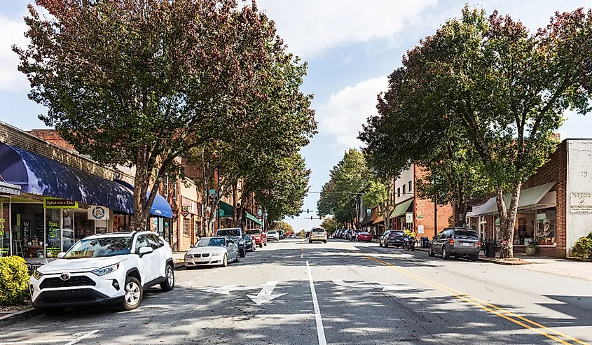 Wide-angle view of Main Street in Brevard, North Carolina. 