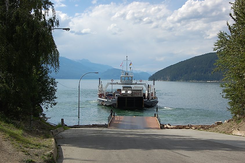 The Shelter Bay to Galena Bay ferry crossing Upper Arrow Lake in British Columbia