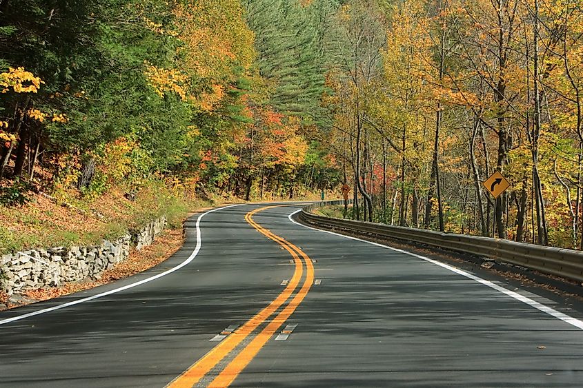 Driving The Mohawk Trail through fall foliage in The Berkshires, Massachusetts