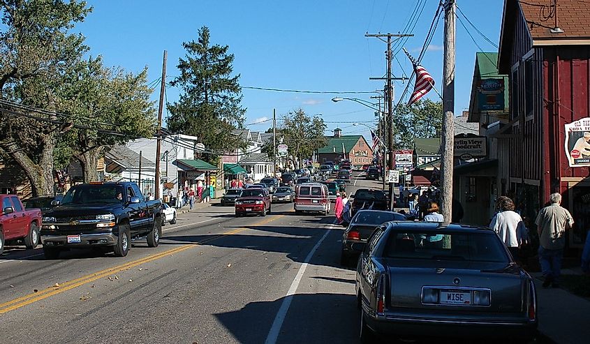 People and cars in downtown Berlin, Holmes County, Ohio