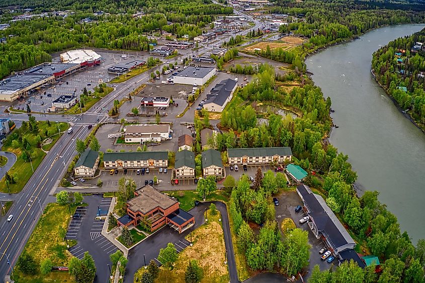Aerial view of downtown Soldotana, Alaska during the summer
