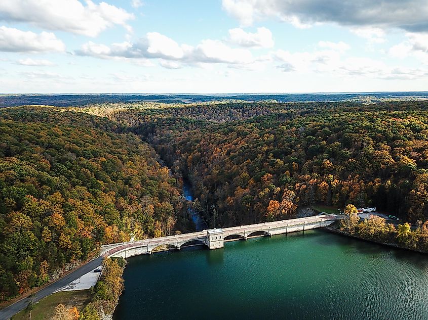 Aerial of Pretty Boy Reservoir Dam in Hampstead, Maryland during Fall