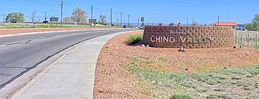 Shiny chrome welcome sign for Chino Valley, Arizona.