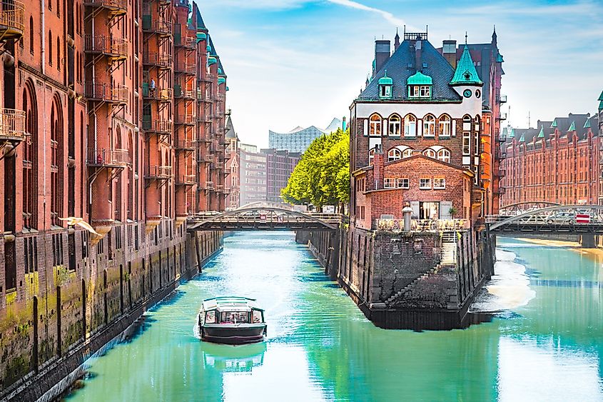 The red-brick Speicherstadt warehouse district in Hamburg's harbor area.