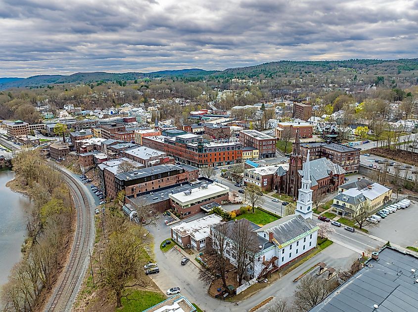Aerial View of Brattleboro, Vermont, USA, in Spring on a Partly Cloudy Day.